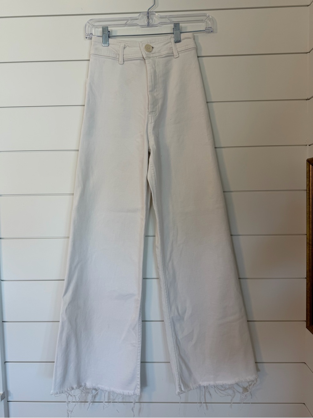 Zara Marine White Wide-Leg Frayed Hem Jeans
